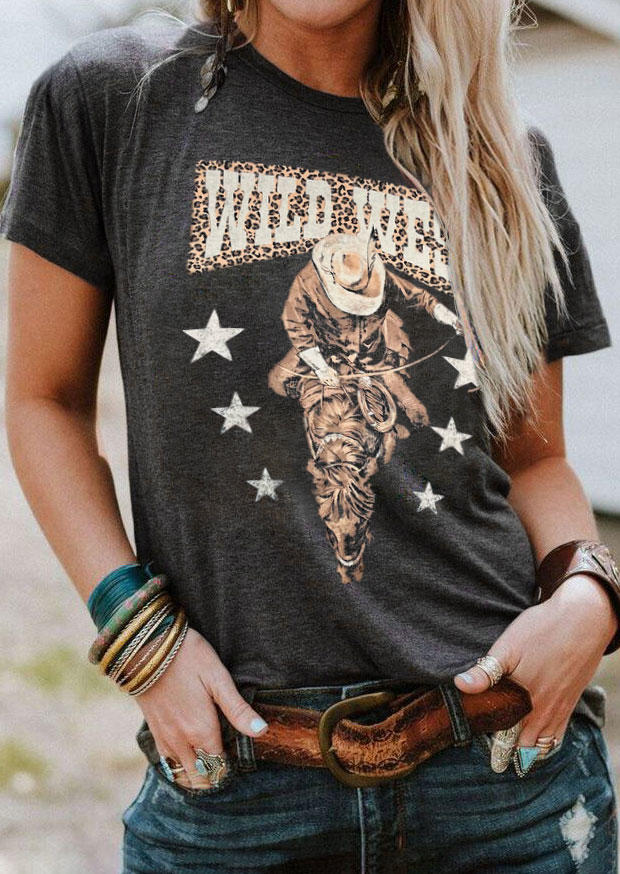 Wild West Cowboy Star Leopard T-Shirt Tee - Dark Grey