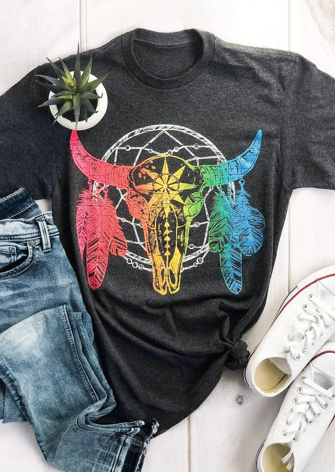 

Gradient Steer Skull Feather T-Shirt Tee - Dark Grey, 532080
