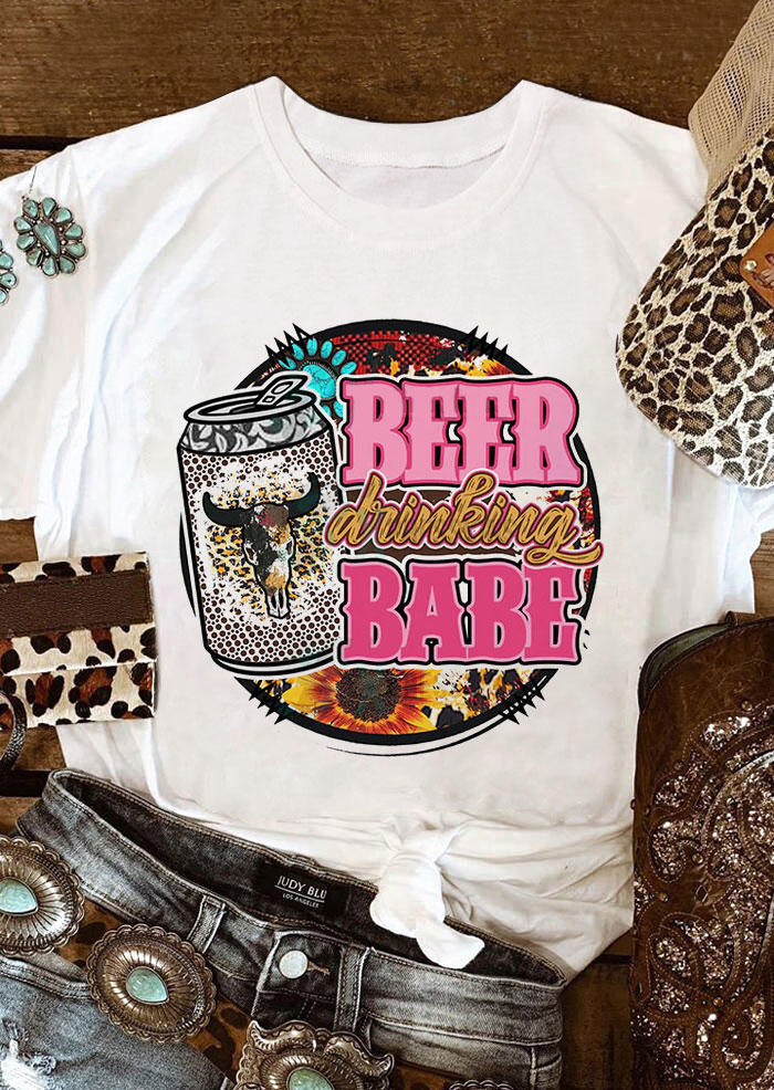 

Beer Drinking Babe Leopard Sunflower Steer Skull T-Shirt Tee - White, 532086