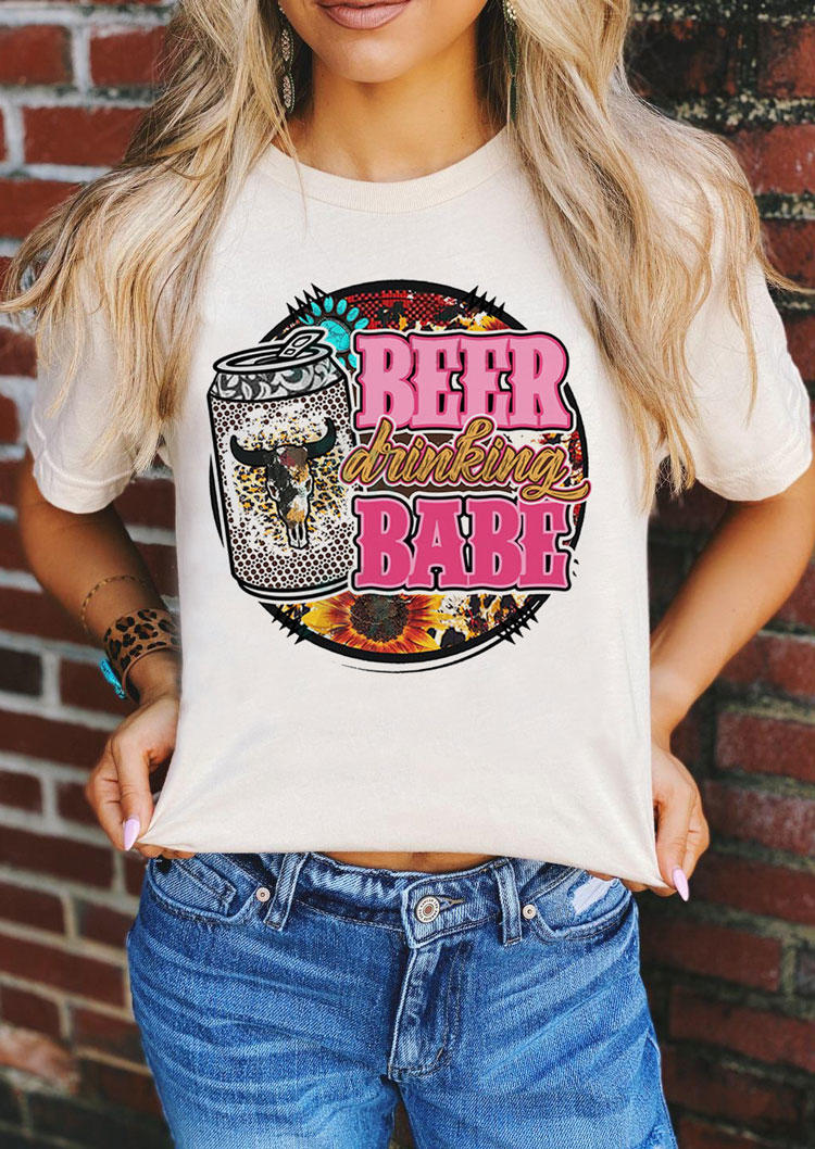 Beer Drinking Babe Leopard Sunflower Steer Skull T-Shirt Tee - White