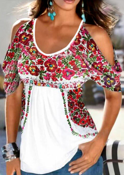 

Floral Cold Shoulder Casual Blouse - White, 532096