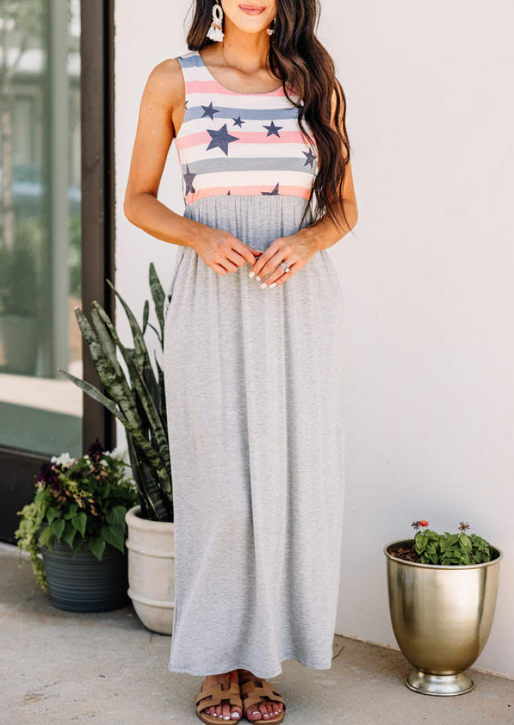 Striped Star Sleeveless Maxi Dress - Gray