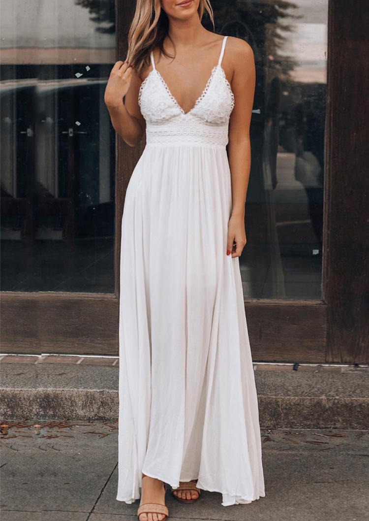 

Lace Tie Spaghetti Strap Maxi Dress - White, SCM000734