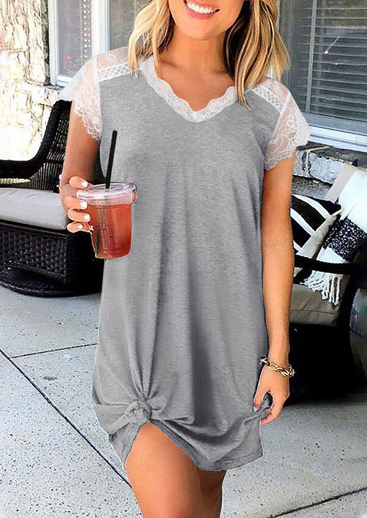 

Lace Splicing Short Sleeve Mini Dress - Gray, SCM000838