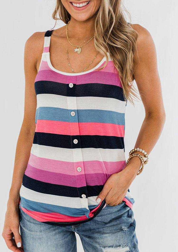 

Colorful Striped Button Casual Tank, Multicolor, SCM000853