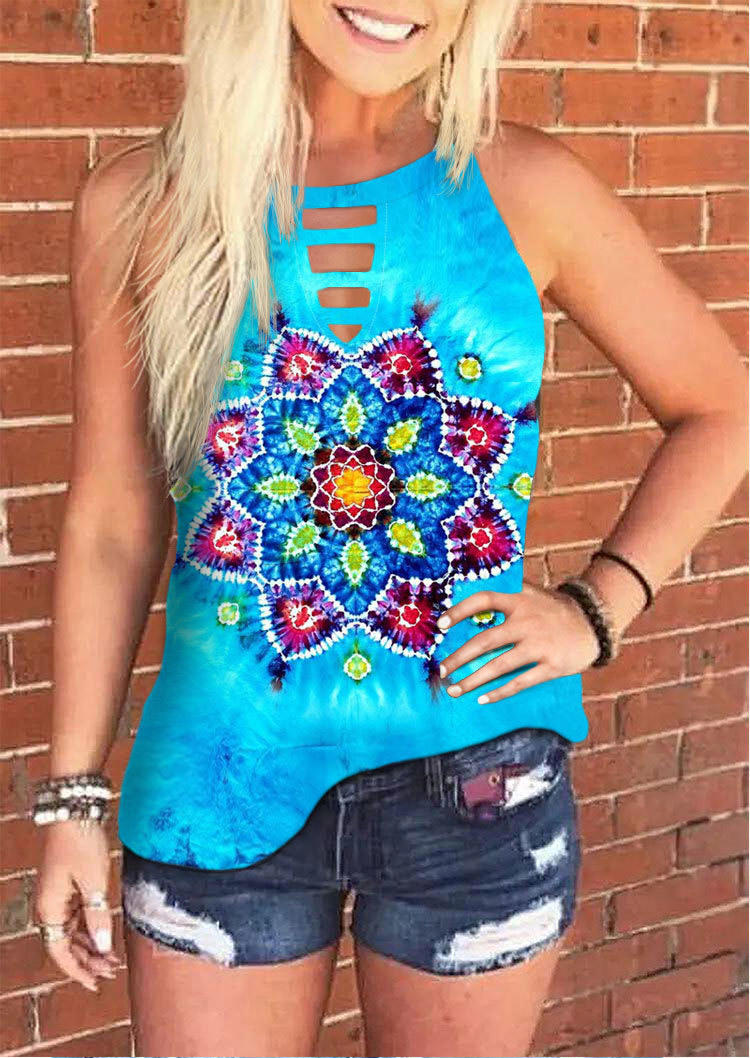 

Mandala Tie Dye Keyhole Neck Tank - Cyan, SCM000885
