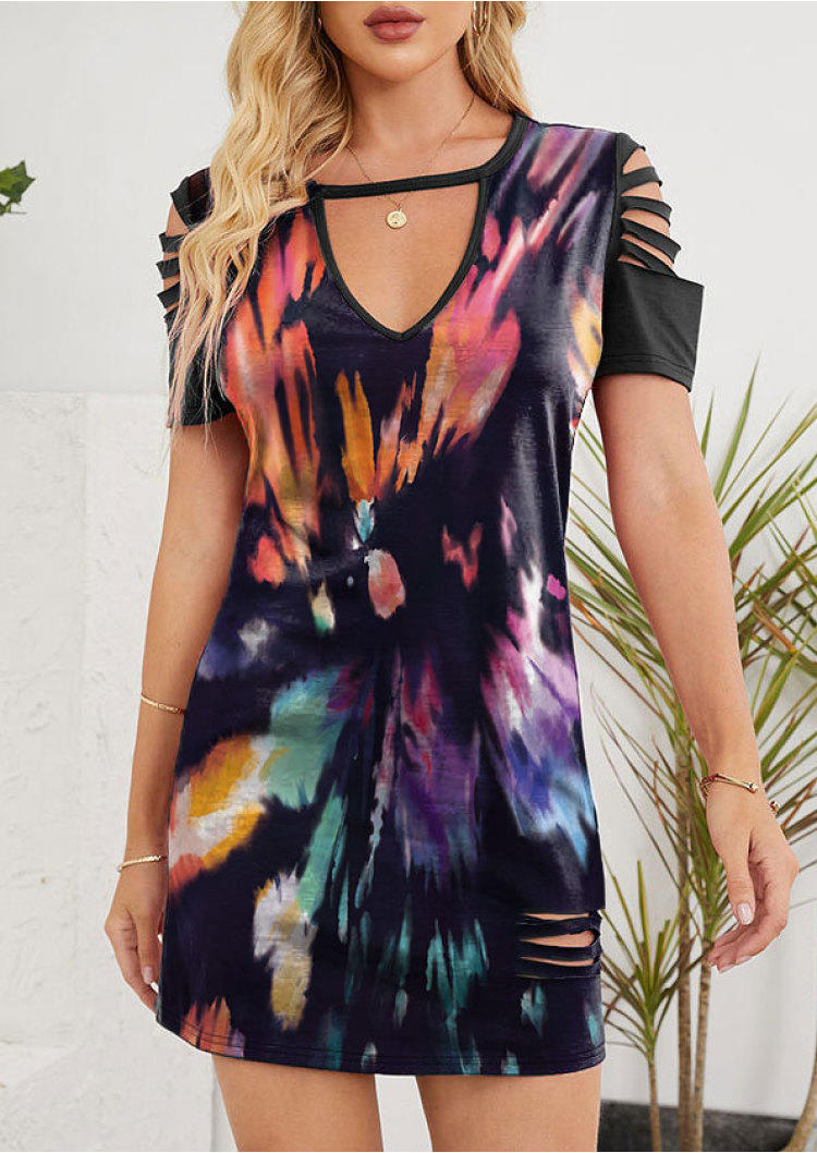

Reverse Tie Dye Rainbow Cut Out Keyhole Neck Mini Dress, Multicolor, SCM000919