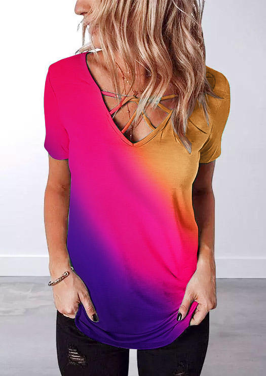 Gradient Hollow Out Short Sleeve Blouse