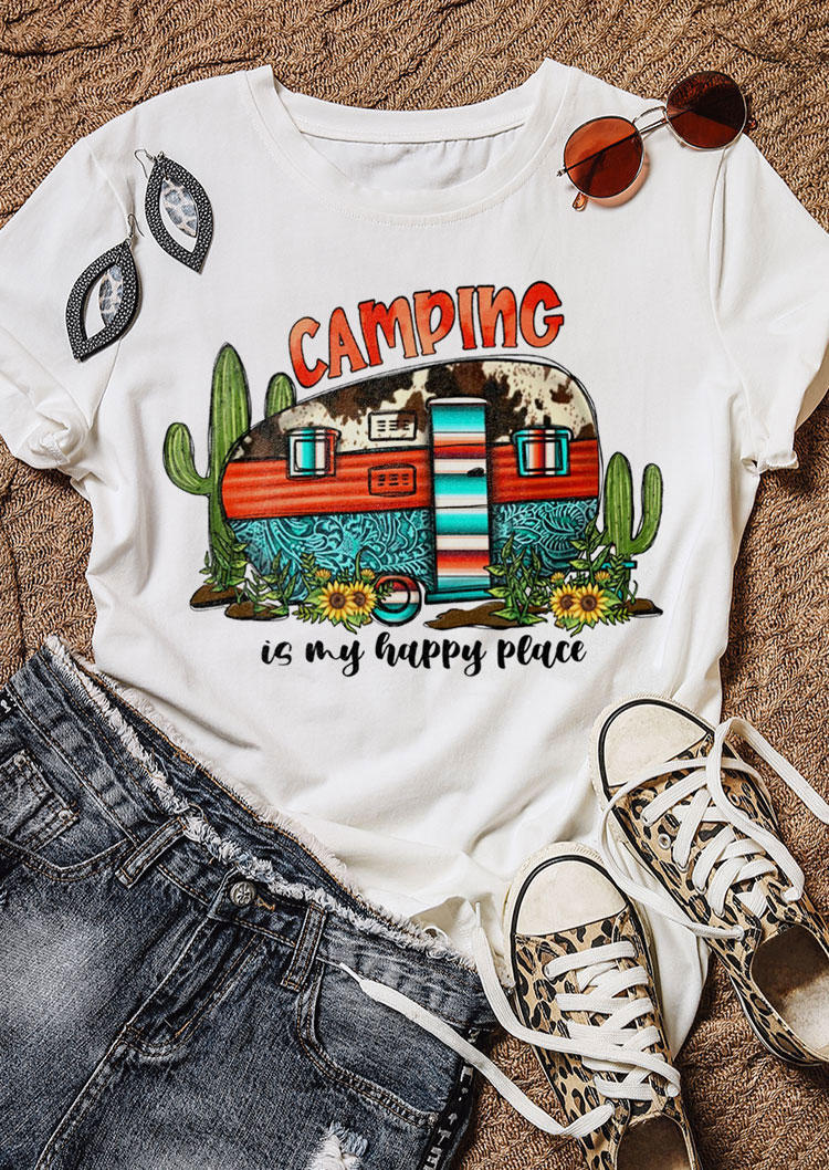 

Camping Is My Happy Place Cow Cactus T-Shirt Tee - White, 532122