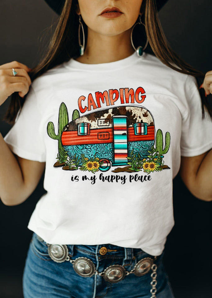 Camping Is My Happy Place Cow Cactus T-Shirt Tee - 	White