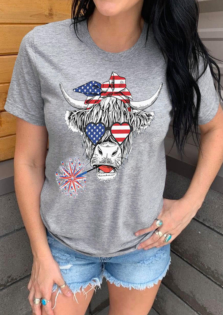 

American Flag Steer Skull T-Shirt Tee - Gray, 532127