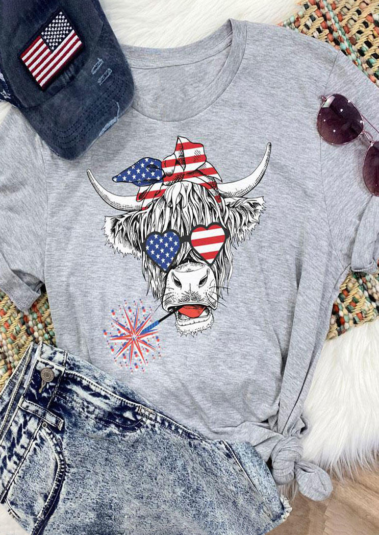 American Flag Steer Skull T-Shirt Tee - Gray