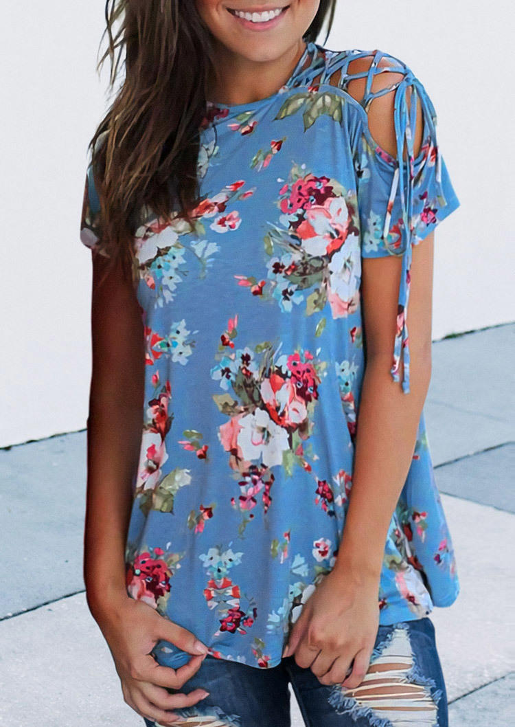

Lace Up Floral Short Sleeve Blouse - Blue, SCM000681