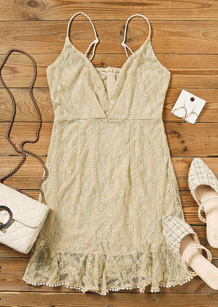 Lace Splicing Spaghetti Strap Mini Dress - Apricot