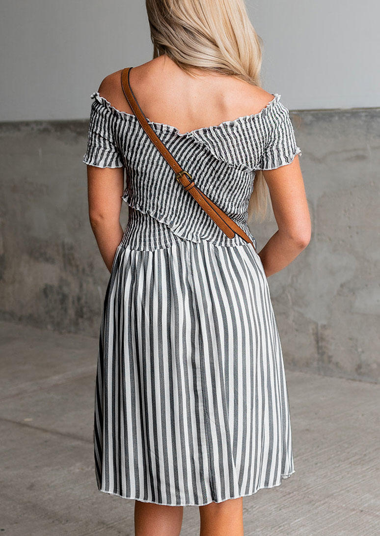 Vertical Striped Ruffled Off Shoulder Mini Dress