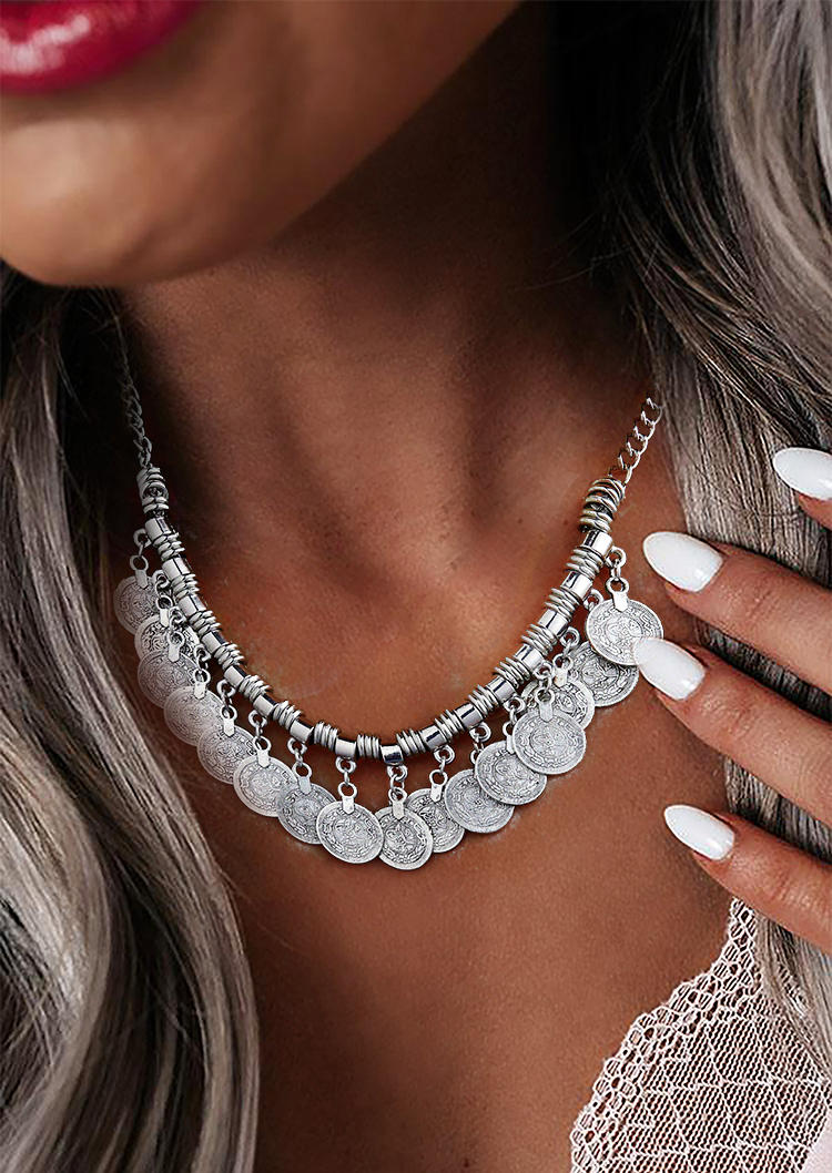 

Coin Tassel Alloy Necklace, Silver, 532236