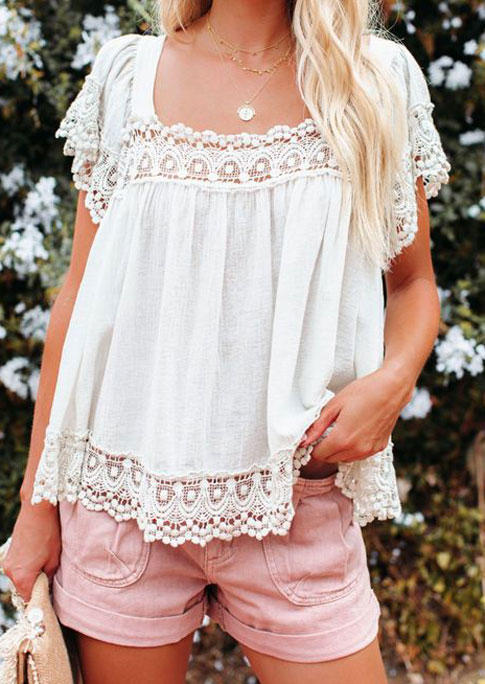 

Lace Splicing Ruffled Blouse - White, 532294