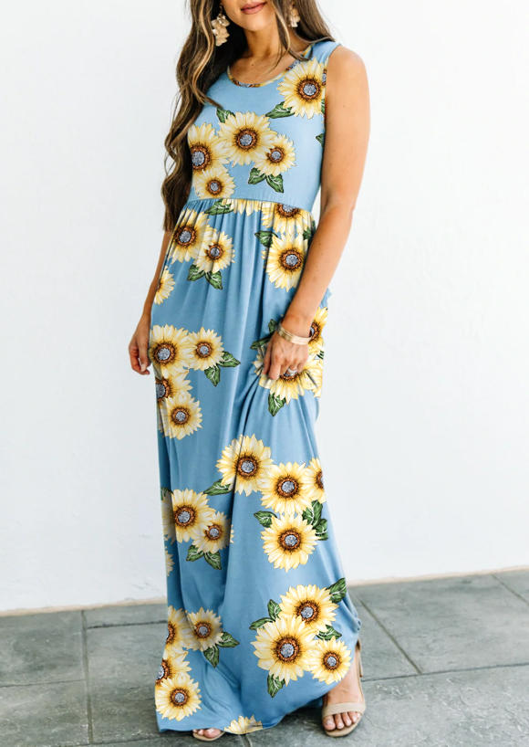 

Sunflower Ruffled Pocket O-Neck Maxi Dress - Light Blue, 529517