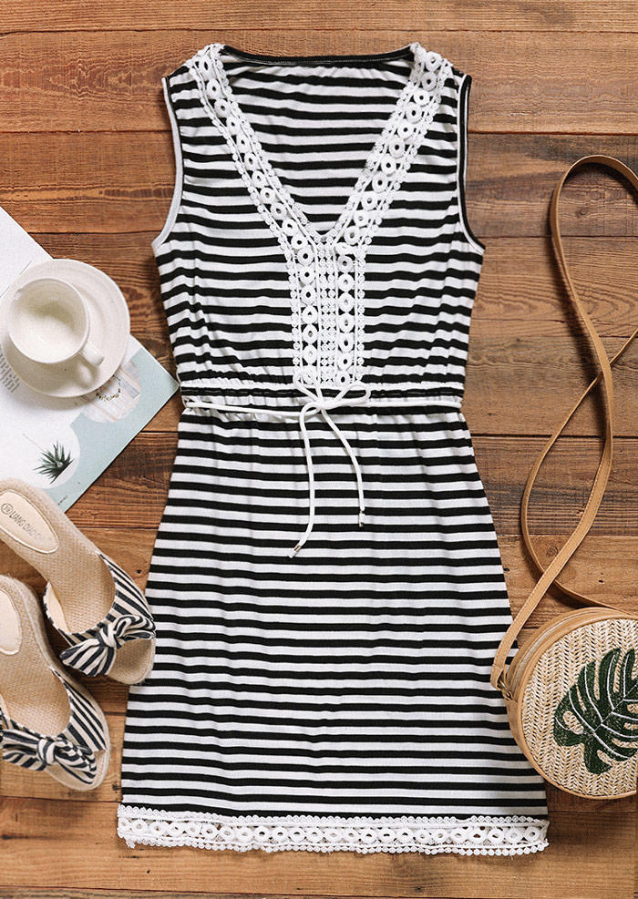 Striped Lace Splicing Tie Sleeveless Mini Dress - Black