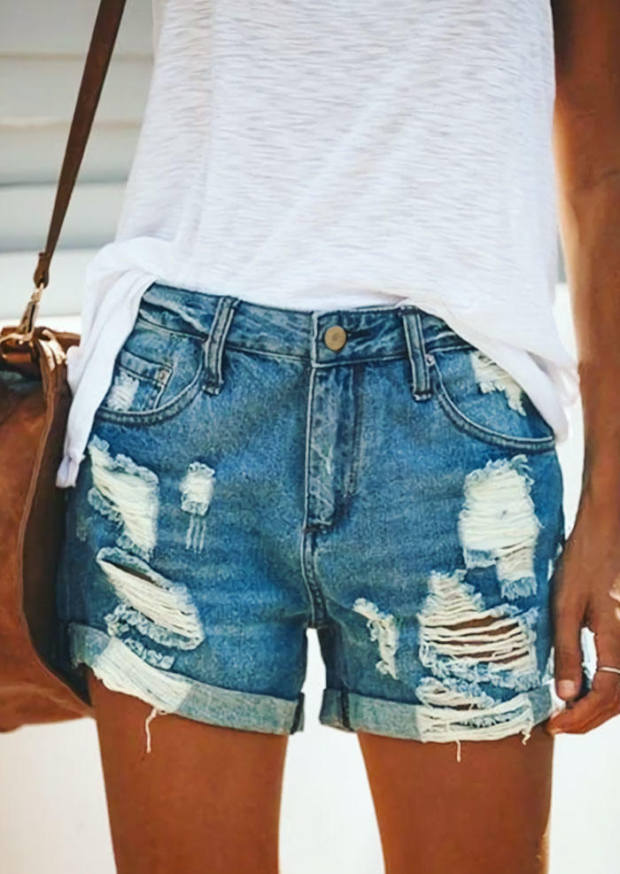 

Pocket Ripped Hole Denim Shorts - Blue, 532245