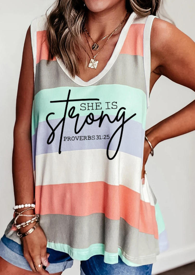 She Is Strong Proverbs Color Block Striped Tank