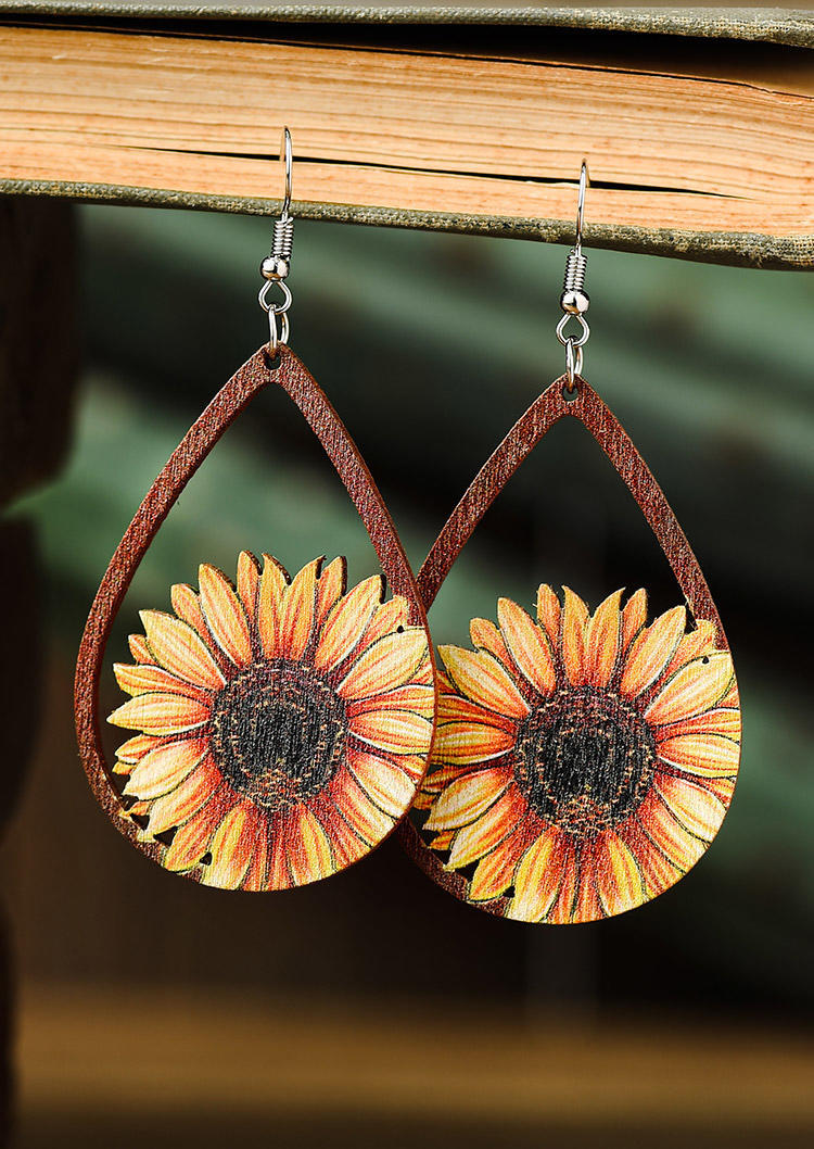 

Sunflower Cactus Hollow Out Water Drop Wooden Earrings, Yellow, 530621