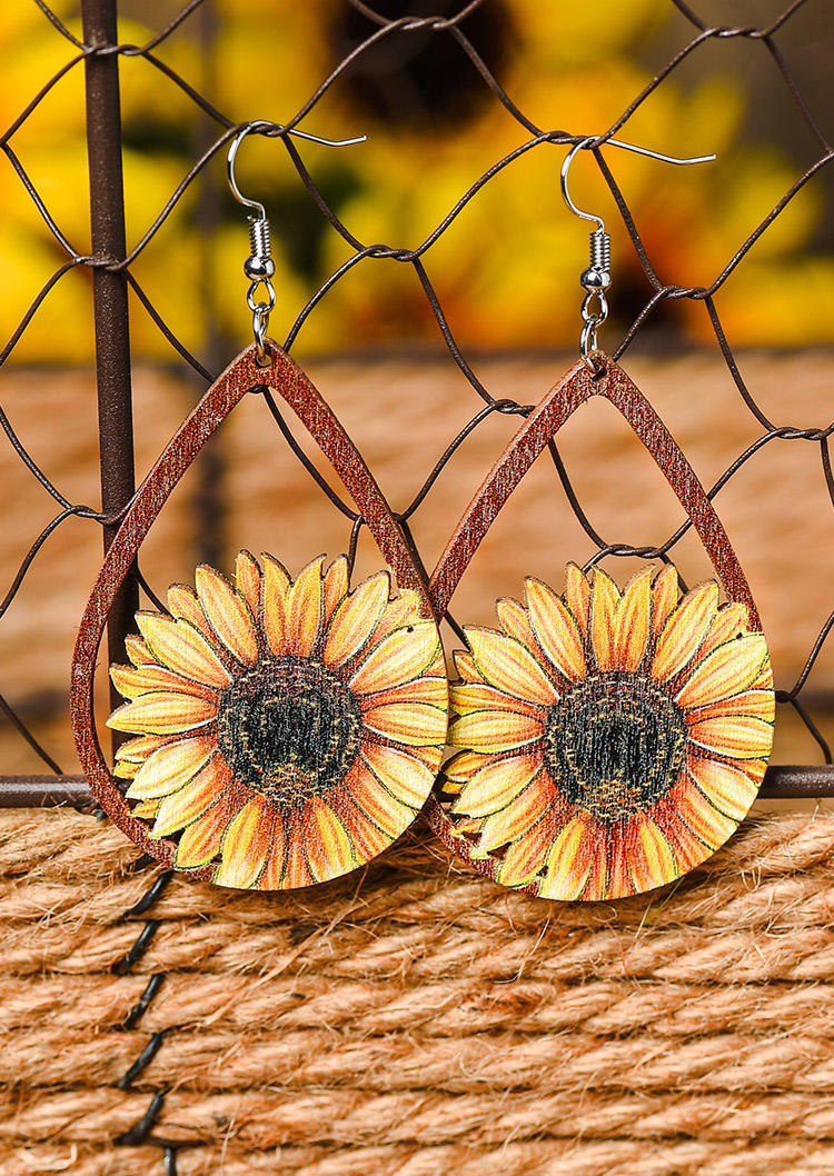 Buy Sunflower Cactus Hollow Out Water Drop Wooden Earrings. Picture