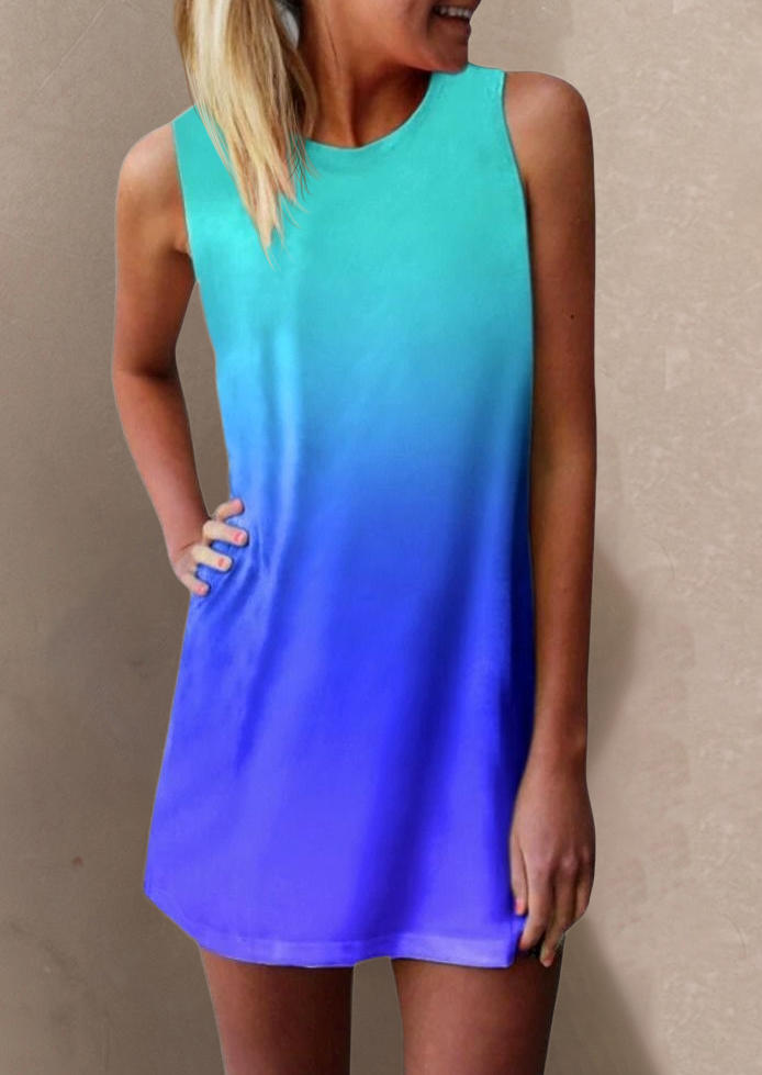 Gradient Sleeveless O-Neck Mini Dress - Blue