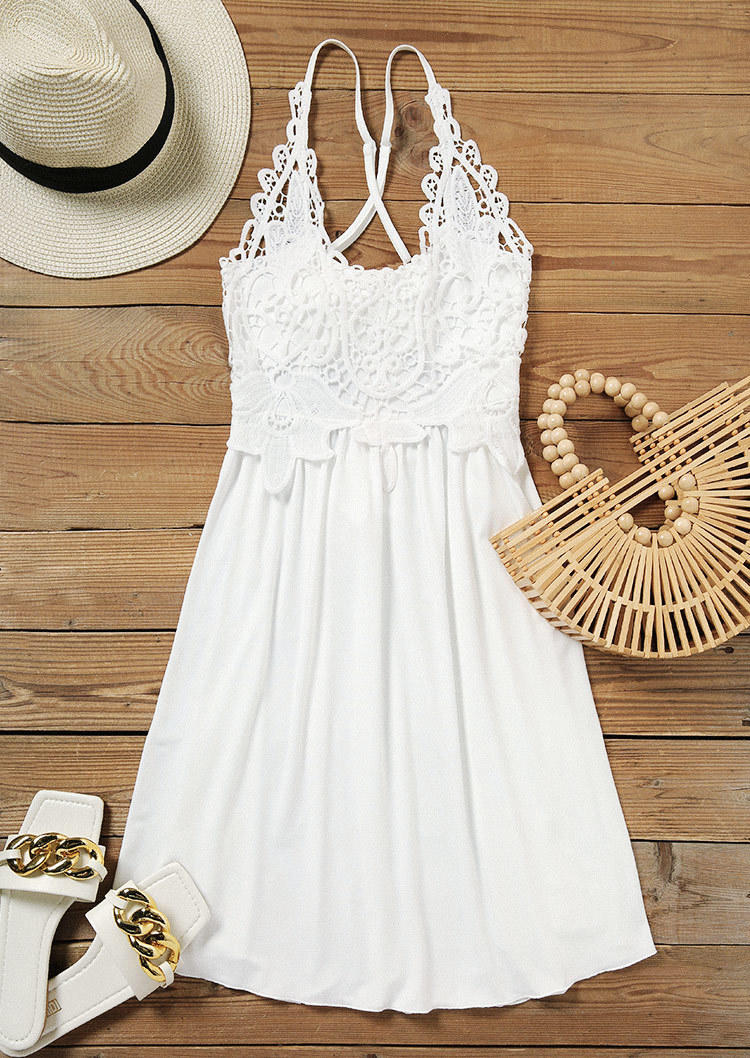 Lace Splicing Tie Spaghetti Strap Mini Dress - White