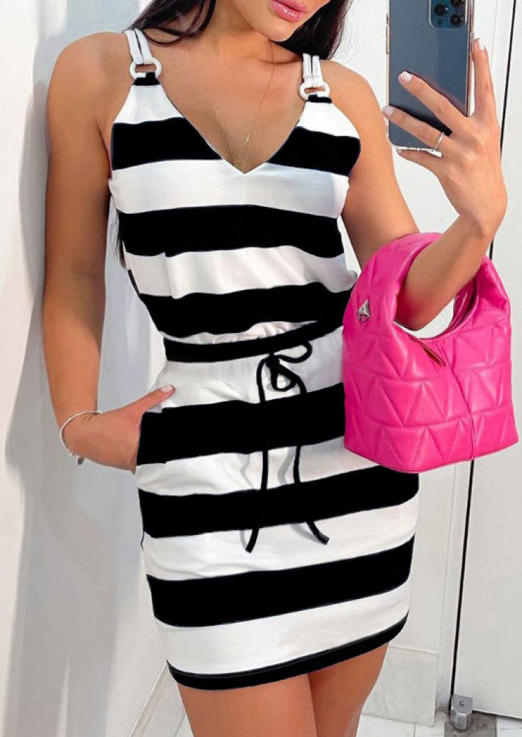 Striped Drawstring Pocket Mini Dress - White