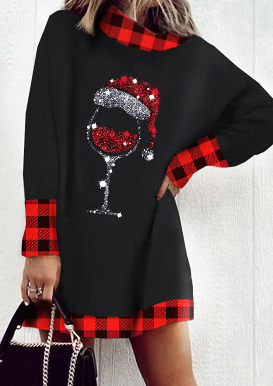 Plaid Hat Wine Glass Mini Dress - Black