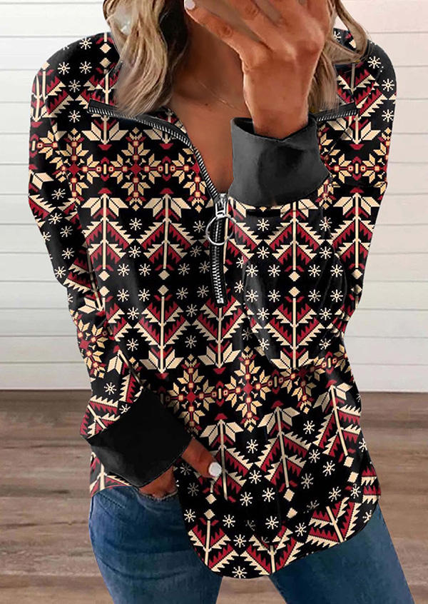 

Aztec Geometric Zipper Long Sleeve Sweatshirt, Multicolor, 525646