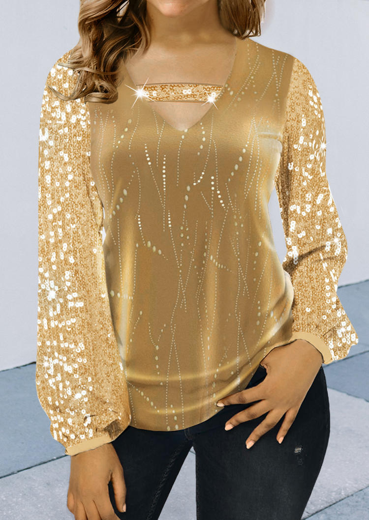 

Sequined Splicing Keyhole Neck Blouse - Khaki, 526549