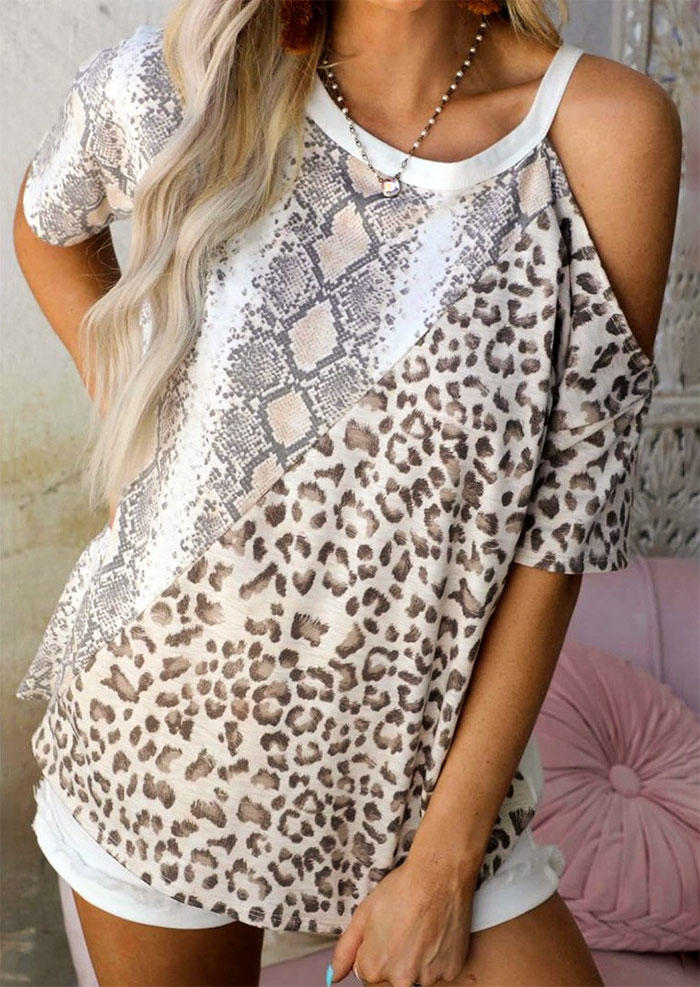 

Leopard Snake Skin One Sided Cold Shoulder Blouse, 531980
