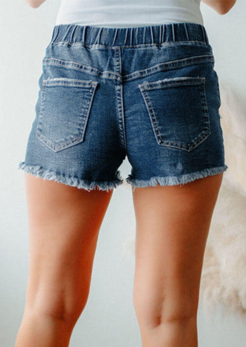 Ripped Hole Frayed Hem Denim Shorts - Blue