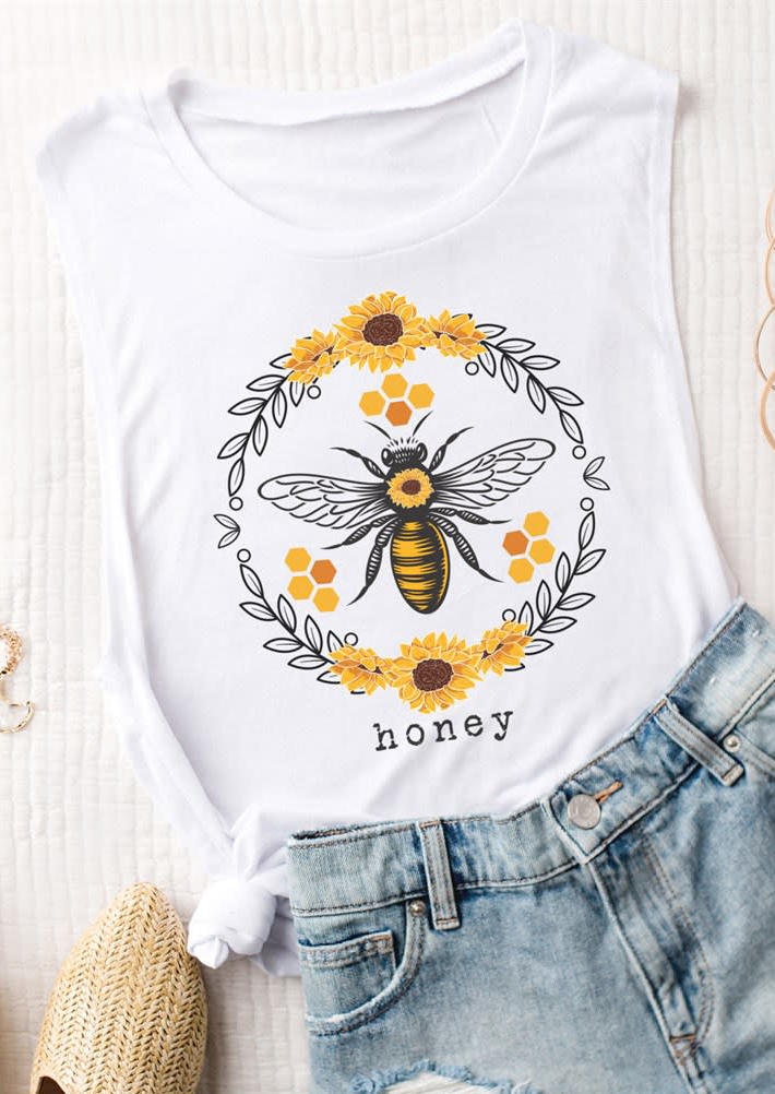 Honey Bee Sunflower Tank - White