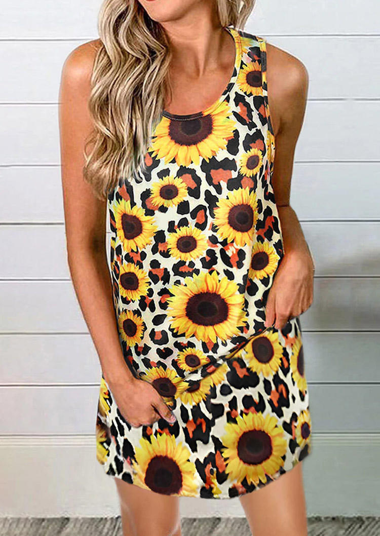 Leopard Sunflower Criss-Cross Sleeveless Mini Dress