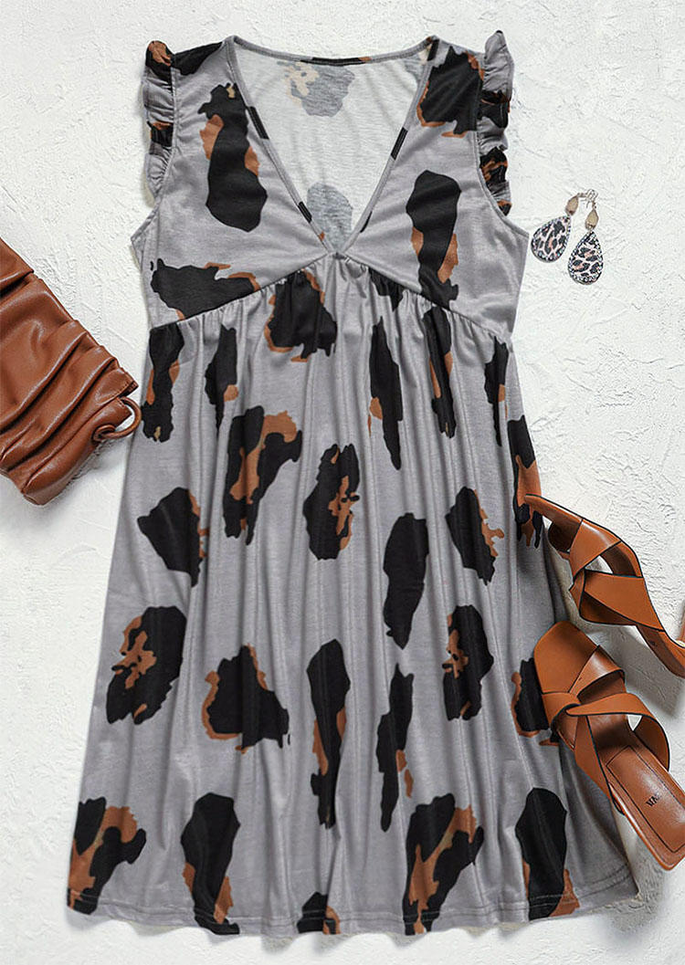 Leopard Ruffled V-Neck Mini Dress - Gray