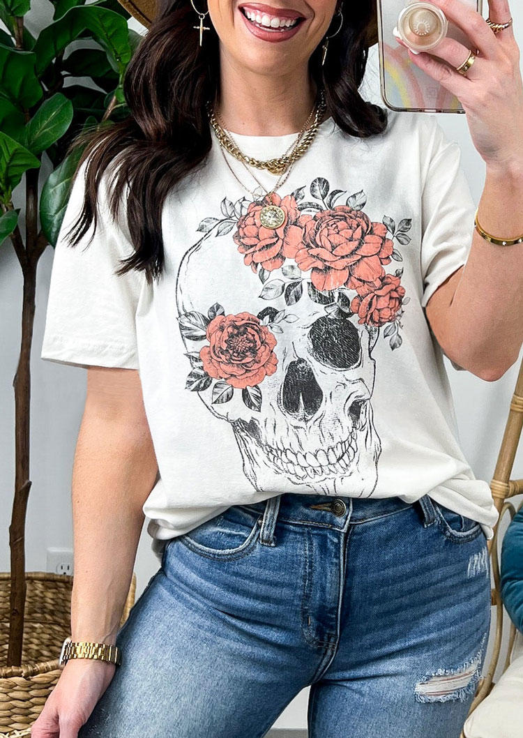 Buy Floral Skull T-Shirt Tee - White. Picture