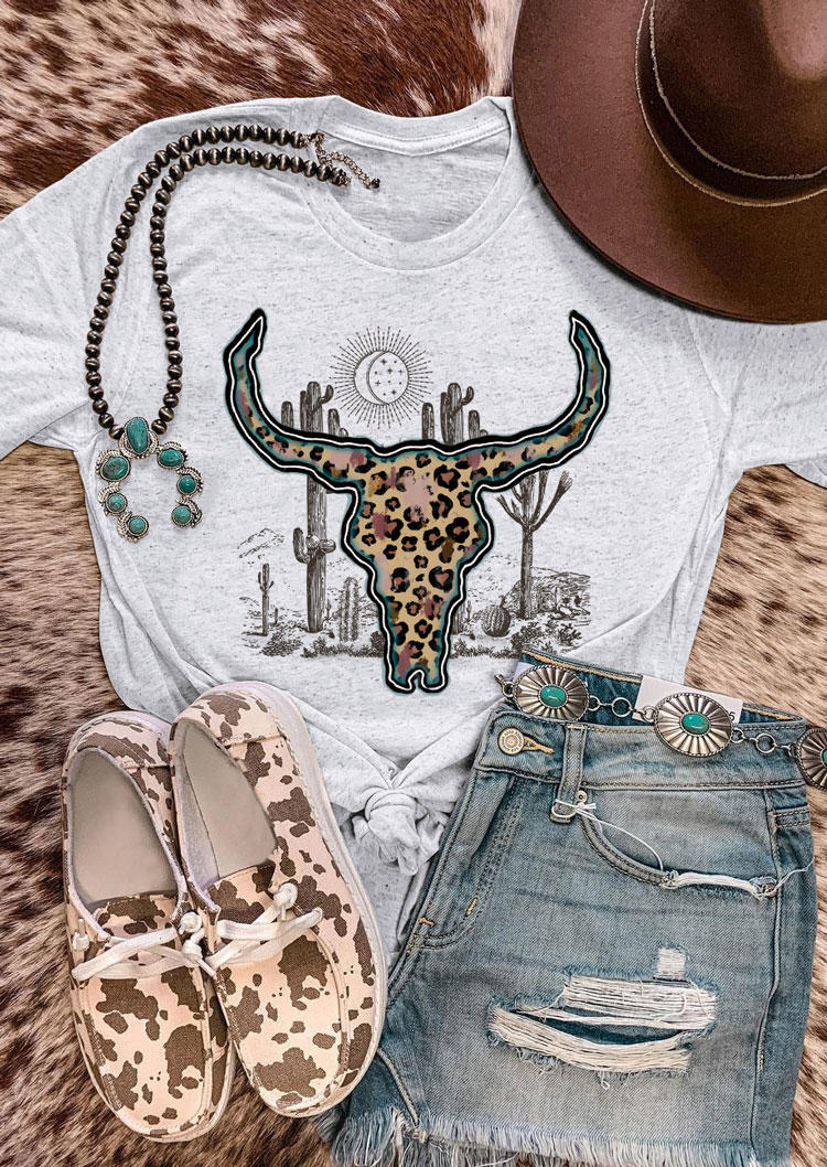 

Leopard Steer Skull Desert Cactus T-Shirt Tee - Light Grey, Gray, 532278