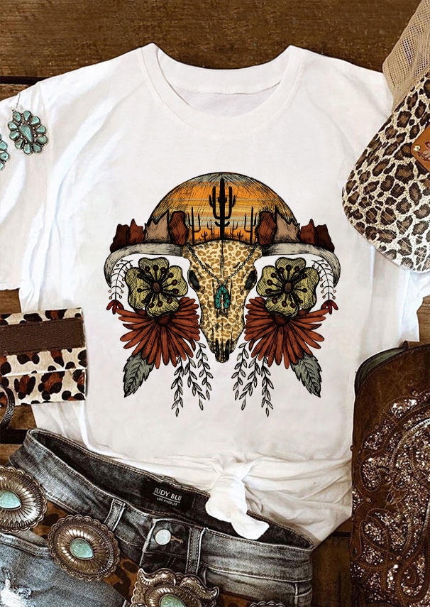 

Turquoise Cow Steer Skull Cactus T-Shirt Tee - White, 532413