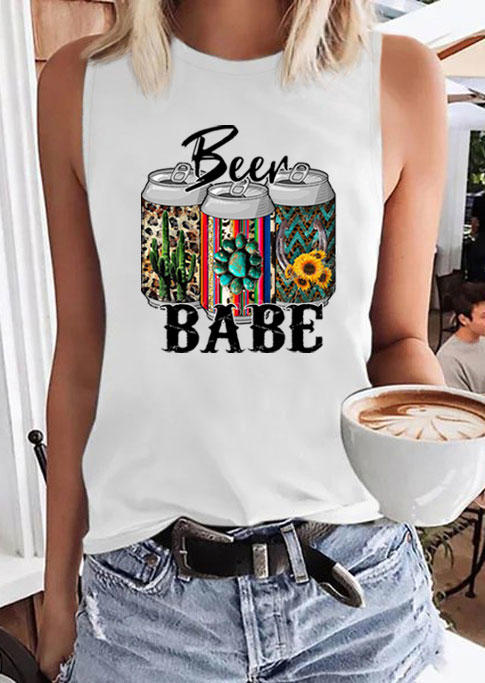 Beer Babe Leopard Serape Striped Sunflower Turquoise Tank - White