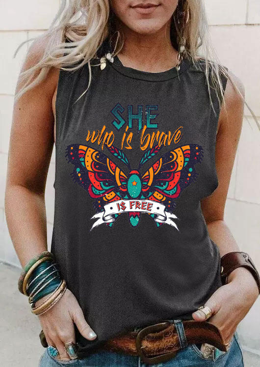 

She Who Is Brave Butterfly O-Neck Tank - Dark Grey, 532620
