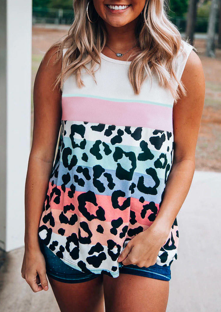

Leopard Color Block O-Neck Tank, Multicolor, 532751