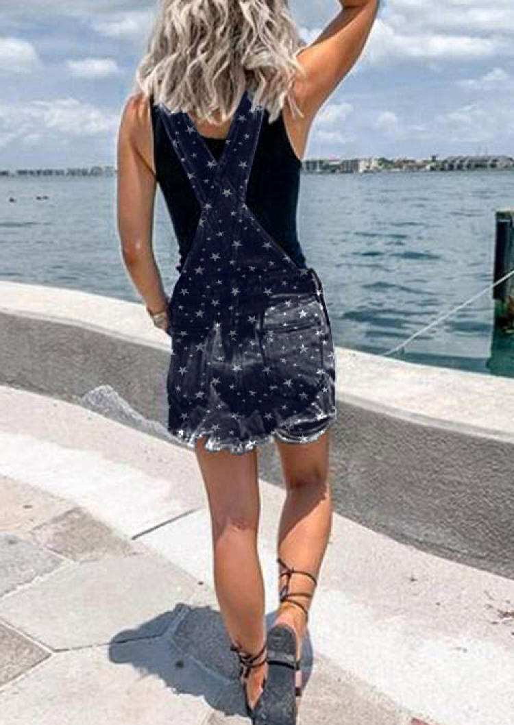 Pocket Star Denim Overall Mini Dress - Navy Blue