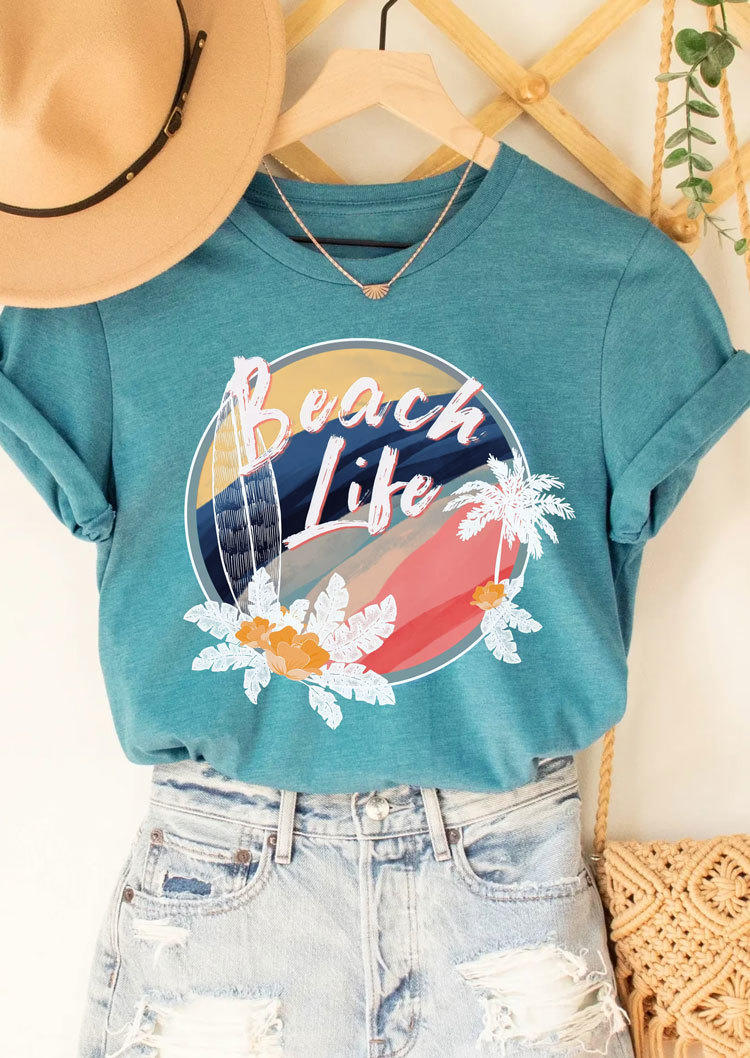 

Beach Life Surfing Coconut Tree T-Shirt Tee - Cyan, SCM000931