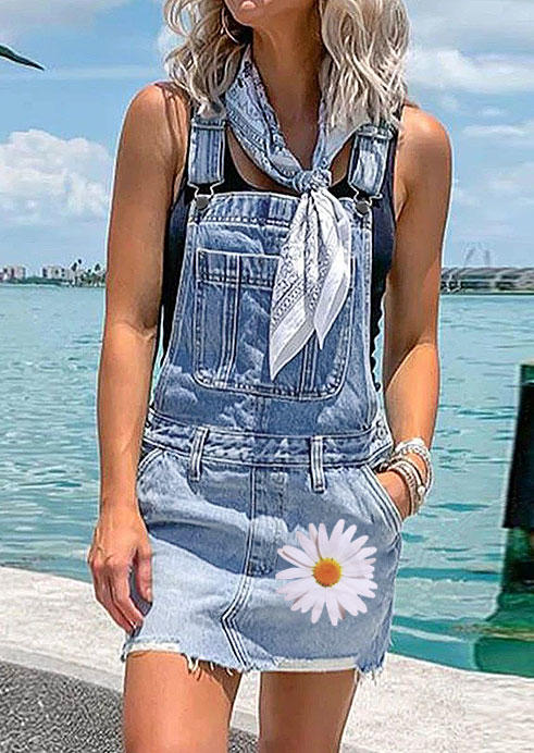 

Daisy Frayed Hem Pocket Denim Overall Mini Dress - Blue, 531539