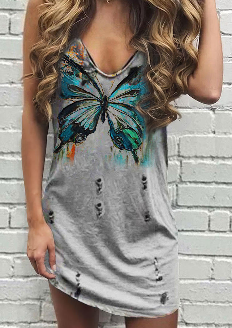 Butterfly Sleeveless V-Neck Mini Dress - Gray, 531752