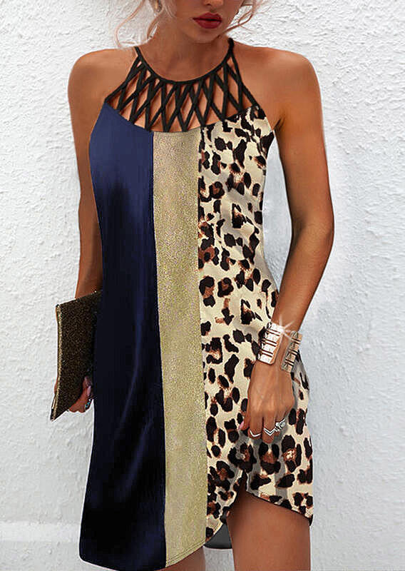 

Leopard Color Block Criss-Cross Sleeveless Mini Dress, Multicolor, 531895