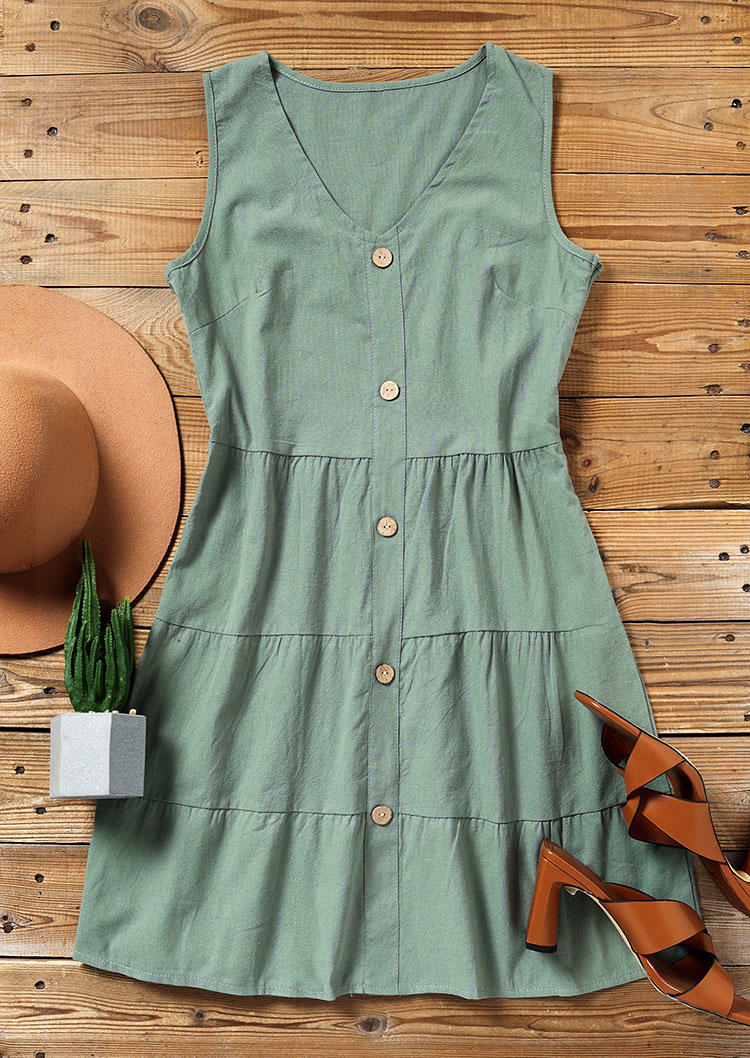 Button Ruffled Sleeveless Mini Dress - Green